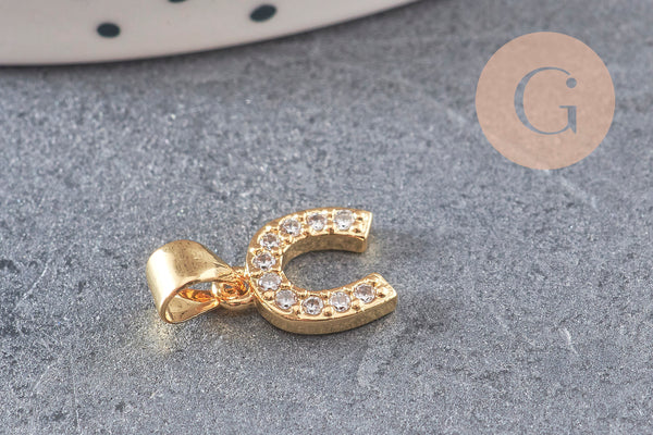 Breloque fer à cheval laiton doré 18k cristal 10mm, x1 (G0487)