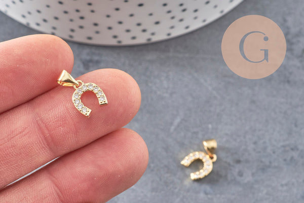 Breloque fer à cheval laiton doré 18k cristal,sans nickel,pendentif porte bonheur, Pendentif zircon,10mm, x1 (G0487)