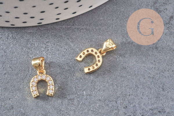 Breloque fer à cheval laiton doré 18k cristal,sans nickel,pendentif porte bonheur, Pendentif zircon,10mm, x1 (G0487)