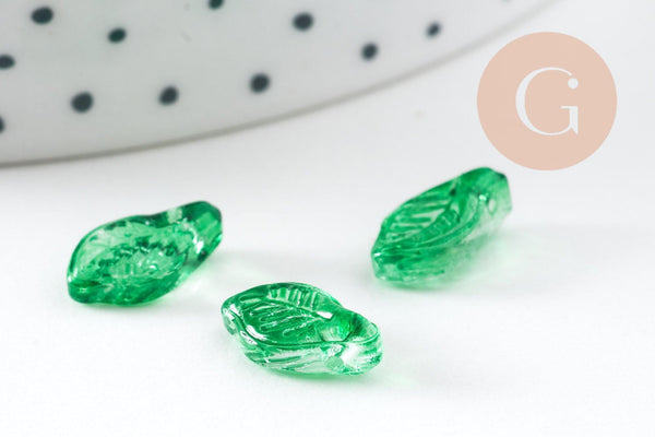 Breloque feuille verre vert 12mm, x20 (G10876)