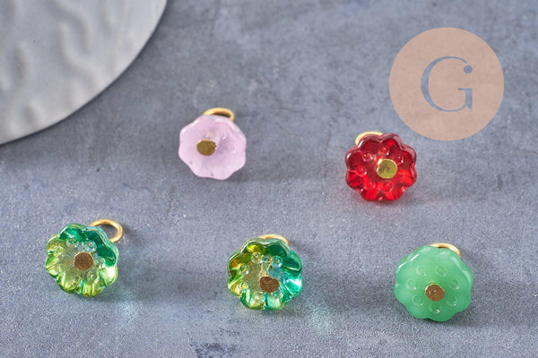 Breloque fleur lotus verre coloré fer doré 12mm, x5 (G10298)