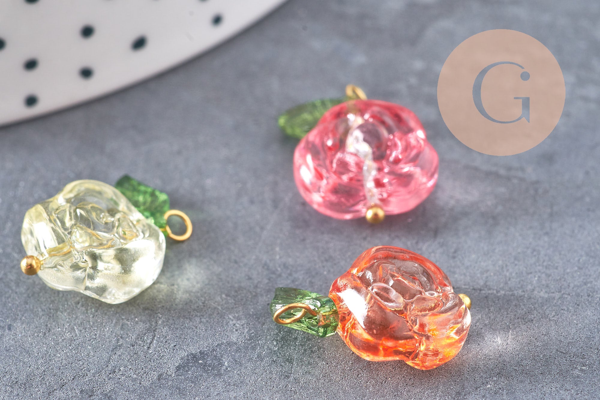 Breloque fleur rose verre multicolore laiton doré 21.5mm, x5 (G10811)