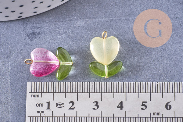Breloque fleur tulipe coeur verre coloré acier 304 inoxydable doré, x5 (G10657)