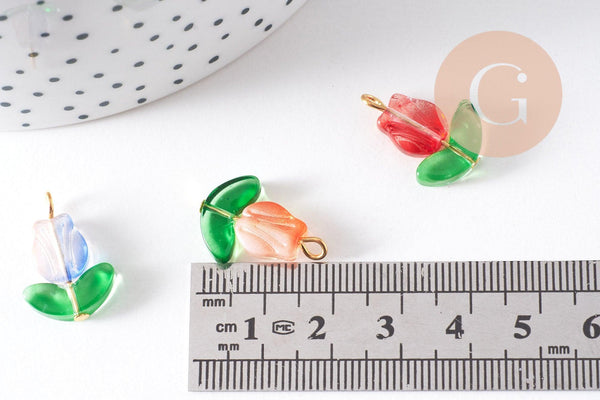 Breloque fleur tulipe verre coloré fer doré 21.5mm, x5 (G10301)