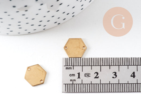 Breloque hexagone laiton brut 2 trous 12mm, pendentif géométrique sans nickel x10 (G1249)