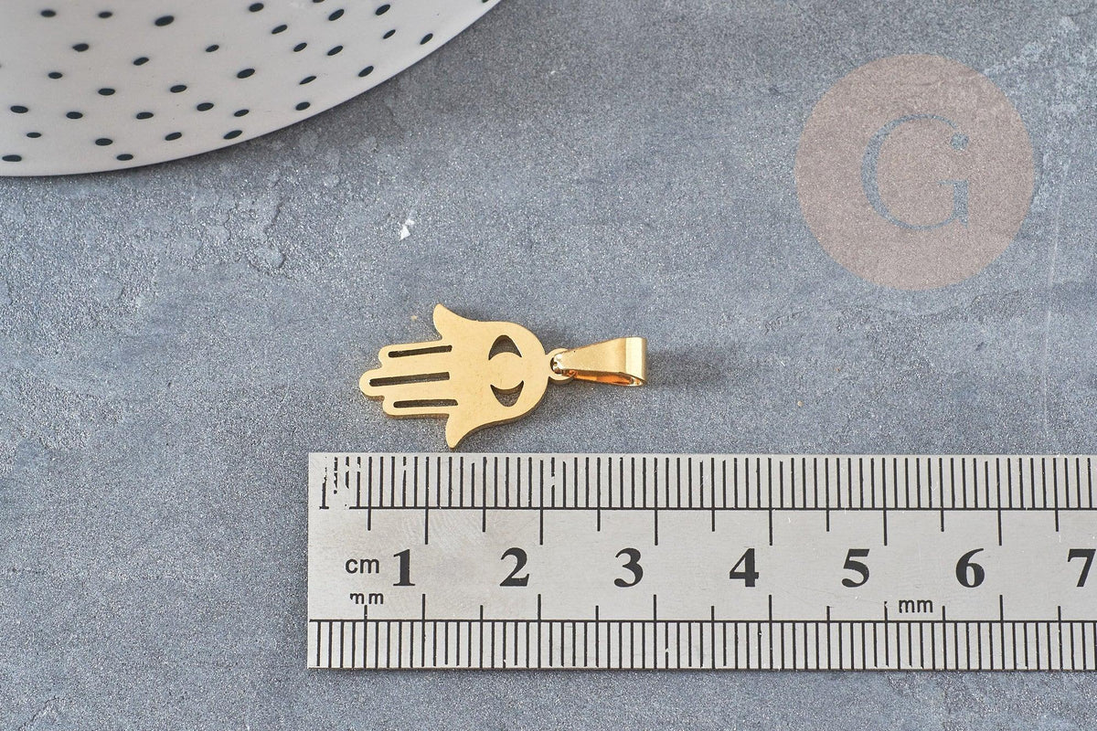 Breloque main fatma acier doré,création bijoux acier inoxydable ,pendentif religion, Pendentif zircon,19.5mm, x1 G3648