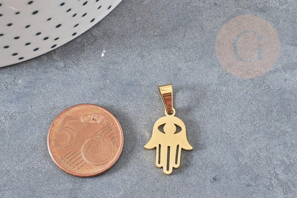 Breloque main fatma acier doré,création bijoux acier inoxydable ,pendentif religion, Pendentif zircon,19.5mm, x1 G3648
