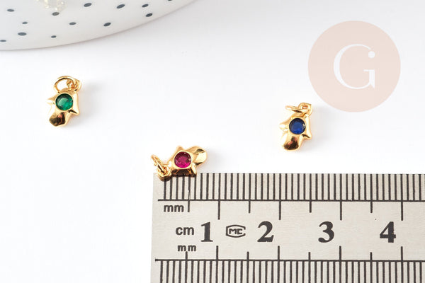 Breloque main fatma laiton doré 18k cristal coloré,création bijoux,pendentif religion, Pendentif zircon,13mm, x1 (G3478)