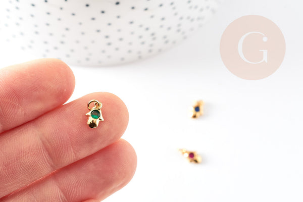 Breloque main fatma laiton doré 18k cristal coloré,création bijoux,pendentif religion, Pendentif zircon,13mm, x1 (G3478)