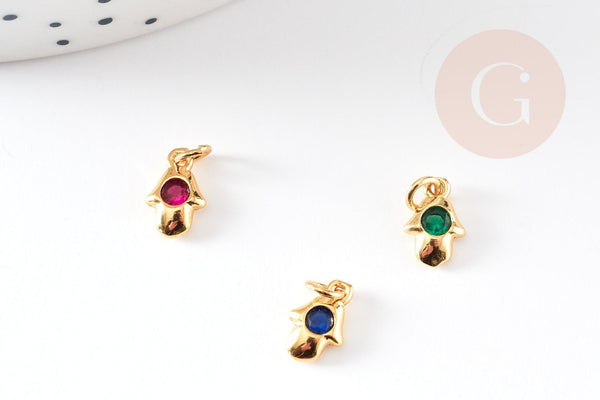 Breloque main fatma laiton doré 18k cristal coloré,création bijoux,pendentif religion, Pendentif zircon,13mm, x1 (G3478)