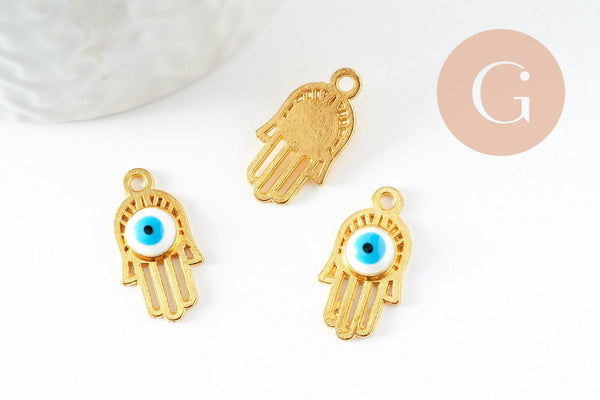 Breloque main fatma oeil laiton doré 18k 20.5mm,pendentif mystique chance pour création bijoux,x1 (G3511)