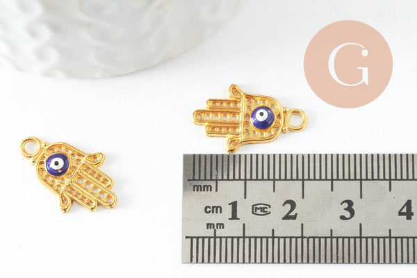 Breloque main fatma oeil laiton doré 18k sans nickel,création bijoux,pendentif religion, Pendentif zircon,20.5mm x1 (G3510)
