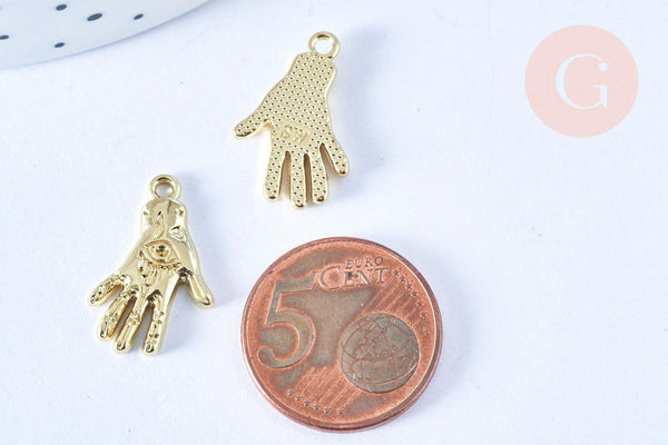 Breloque main oeil protecteur zamac doré 18k 20mm,sans nickel, pendentif chance, x1 (G6005)