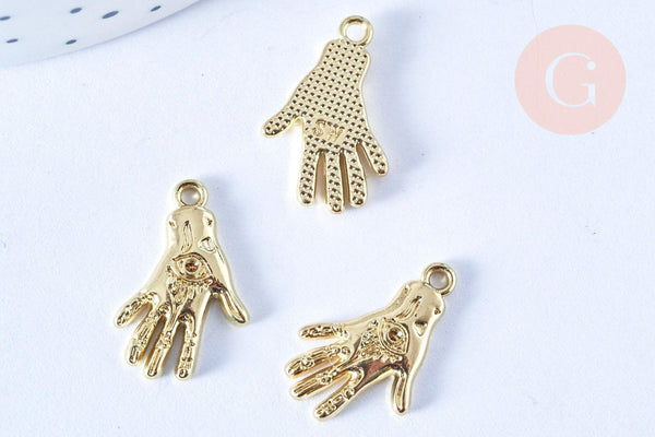 Breloque main oeil protecteur zamac doré 18k 20mm,sans nickel, pendentif chance, x1 (G6005)