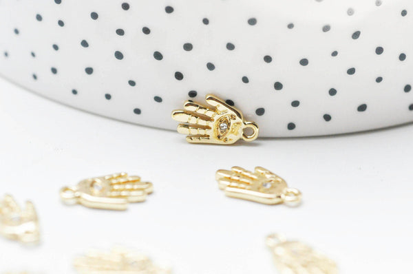 Breloque main oeil protecteur zamac doré 18k cristal zircon 15mm, x1 (G4765)