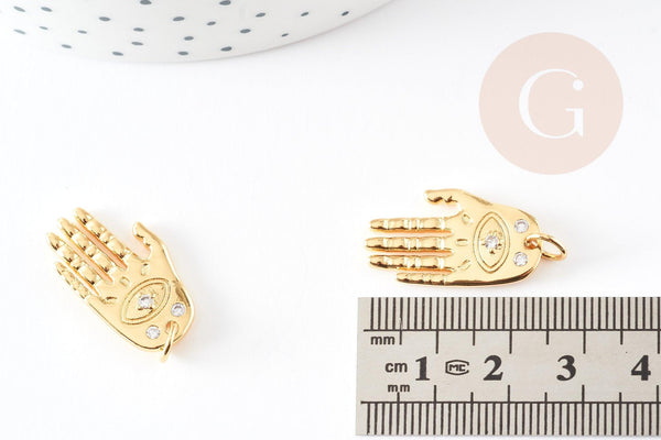 Breloque main oeil protecteur zamac doré 18k cristal zircon 25mm,création bijoux chance x1 (G8746)