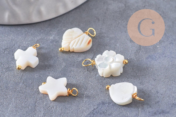 Breloque nacre blanche naturelle coeur étoile feuille fleur croix acier 304 inoxydable doré 15~17mm, x1 (G10410)