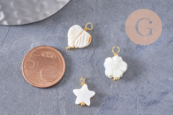 Breloque nacre blanche naturelle coeur étoile feuille fleur croix acier 304 inoxydable doré 15~17mm, x1 (G10410)