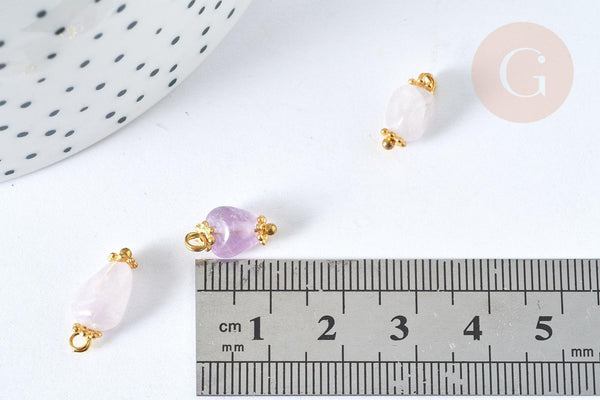 Breloque nuggets jade naturelle violet laiton doré 14~17mm, pendentif bijoux pierre naturelle, x1 (G7588)