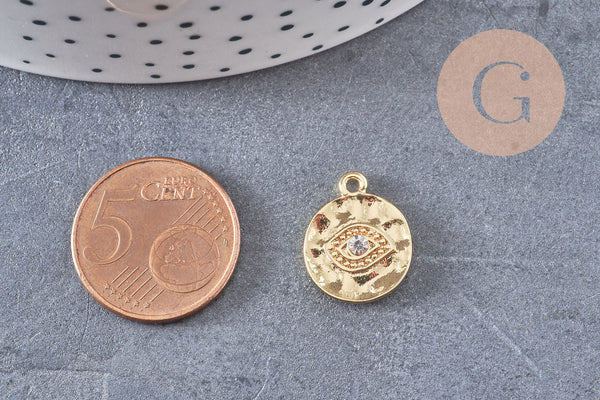 Breloque oeil protecteur zamac doré 18k cristal zircon,sans nickel,création bijoux chance, pendentif chance,17 mm, x1 G5460
