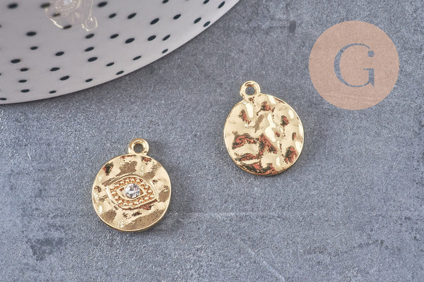 Breloque oeil protecteur zamac doré 18k cristal zircon,sans nickel,création bijoux chance, pendentif chance,17 mm, x1 G5460