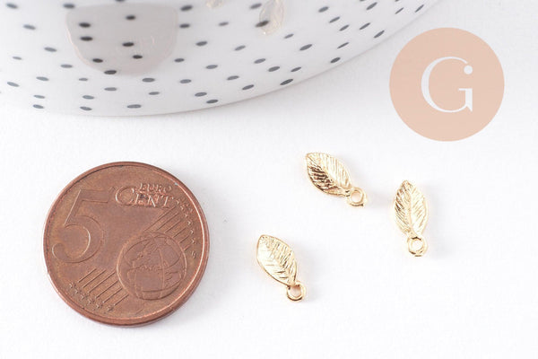 Breloque petite feuille laiton doré 18K 10.5mm, création bijoux végétal x2 (G10231)