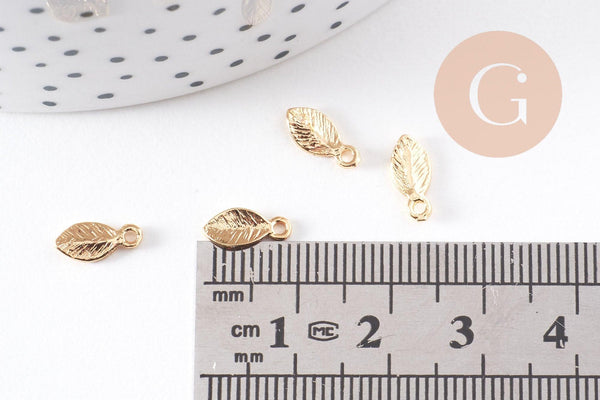 Breloque petite feuille laiton doré 18K 10.5mm, création bijoux végétal x2 (G10231)