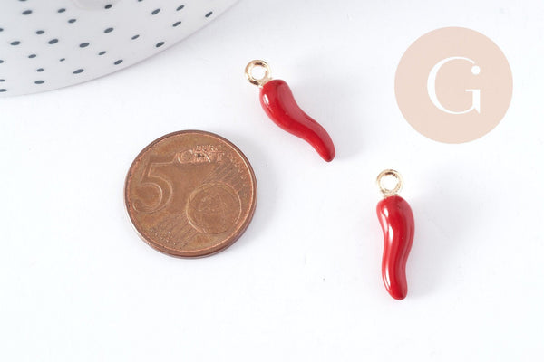 Breloque piment émail rouge zamac doré 21mm, pendentif création bijoux, x5 (G8948)