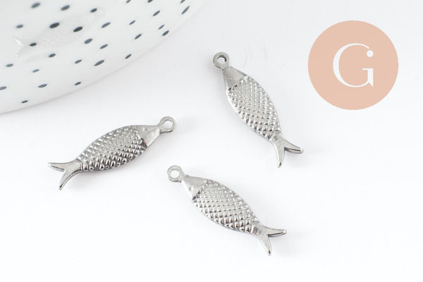 Breloque poisson acier 304 inoxydable platine 21mm, x1 (G9536)