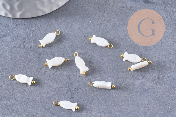 Breloque poisson nacre blanche naturelle laiton doré 14mm, x2 (G10302)