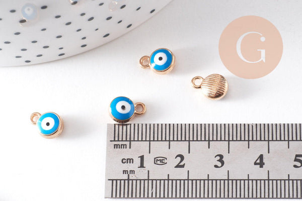Breloque rond Œil émail turquoise 10mm, x10 (G10520)