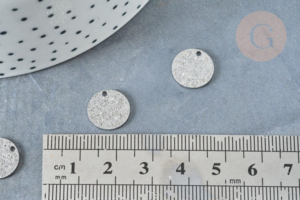 Breloque ronde plate texturée argentée acier 304 inoxydable argentée 12mm, x 10 G8328