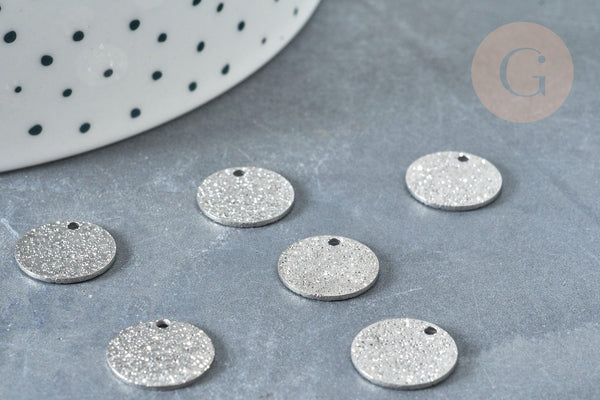 Breloque ronde plate texturée argentée acier 304 inoxydable argentée 12mm, x 10 G8328
