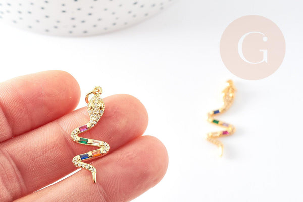 Breloque serpent laiton doré 18k cristal sans nickel,cadeau anniversaire,pendentif animal zircon, 32.5mm, x1 G4008
