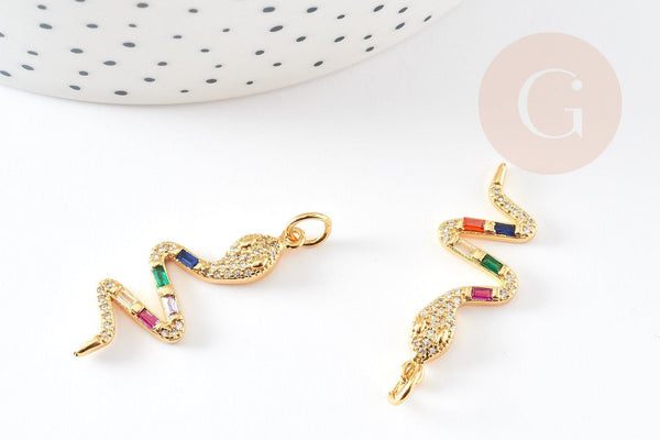 Breloque serpent laiton doré 18k cristal sans nickel,cadeau anniversaire,pendentif animal zircon, 32.5mm, x1 G4008