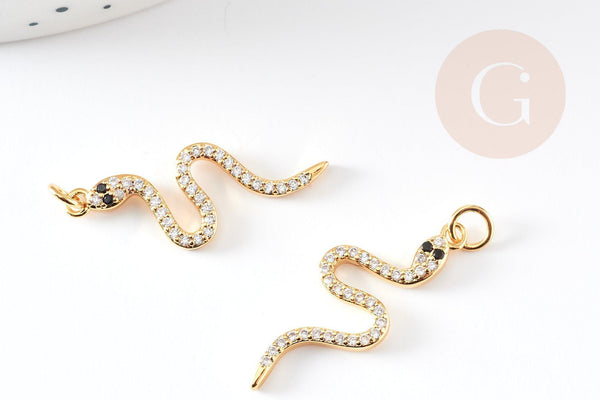 Breloque serpent laiton doré 18k cristal,sans nickel,cadeau anniversaire,pendentif animal zircon,29.5mm, x1 G2661