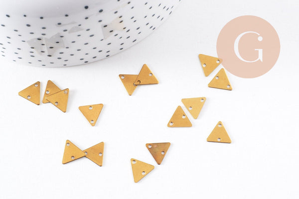 Breloque triangle 2 trous laiton brut 9mm,pendentif géométrique x 10 (G10136)