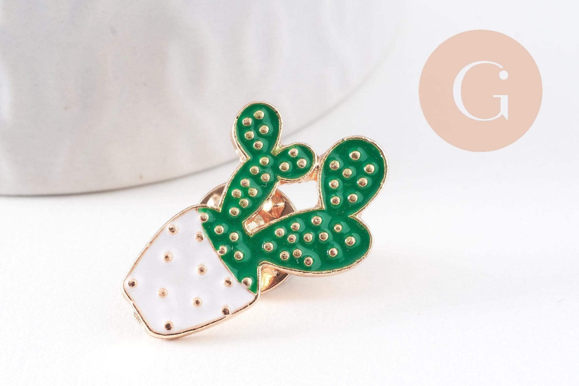 Broche Cactus zamac doré émail vert 28.5mm, x1 (G9975)