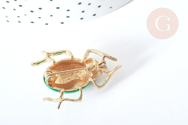 Broche Scarabée émail vert zamac doré strass blanc 39x30mm, x1 (G8066)