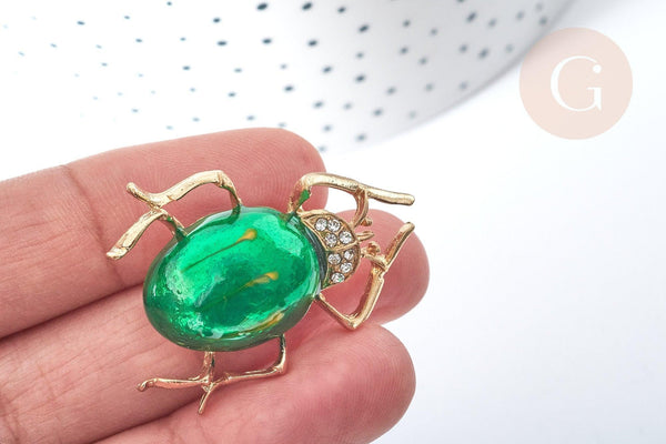 Broche Scarabée émail vert zamac doré strass blanc 39x30mm, x1 (G8066)