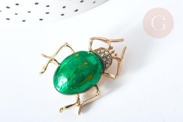 Broche Scarabée émail vert zamac doré strass blanc 39x30mm, x1 (G8066)