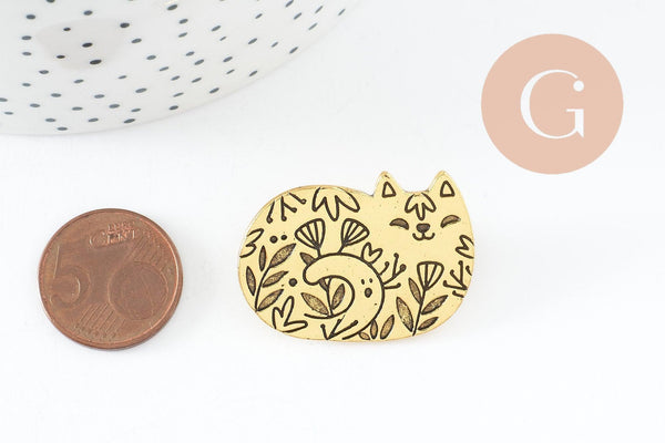 Broche chat gravée acier 304 inoxydable doré 34mm, x1 (G9786)