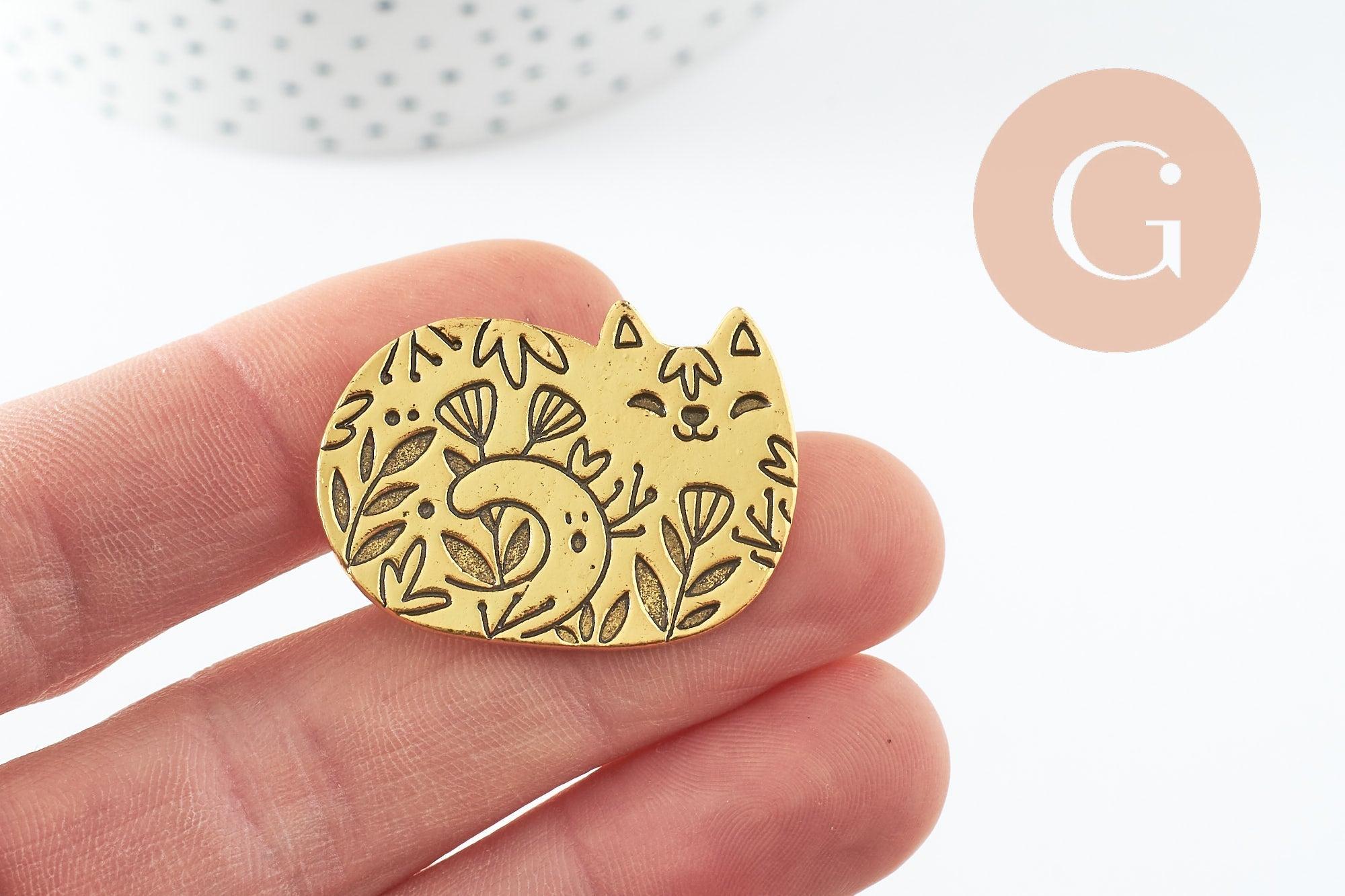 Broche chat gravée acier 304 inoxydable doré 34mm, x1 (G9786)