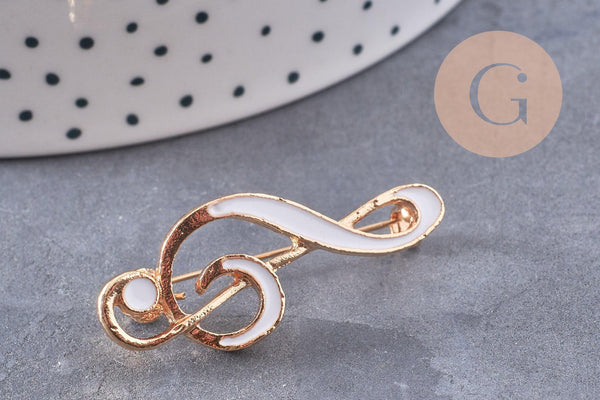 Broche clef de sol émail blanc zamac doré 39mm, x1 (G10215)