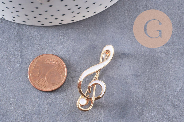 Broche clef de sol émail blanc zamac doré 39mm, x1 (G10215)