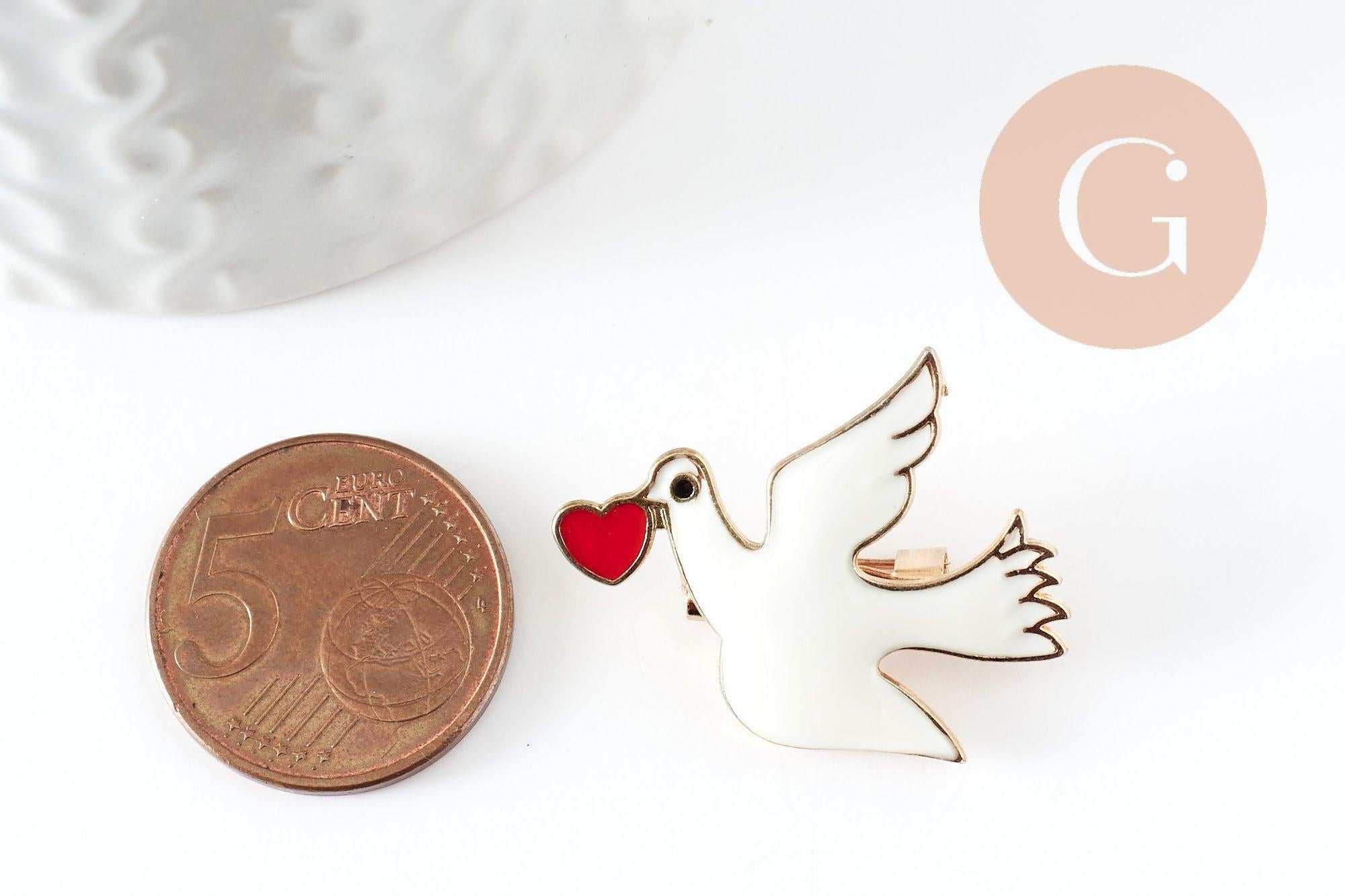 Broche colombe blanche coeur rouge zamac doré 29mm, x1 (G9460)