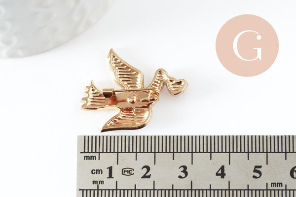 Broche colombe blanche coeur rouge zamac doré 29mm, x1 (G9460)