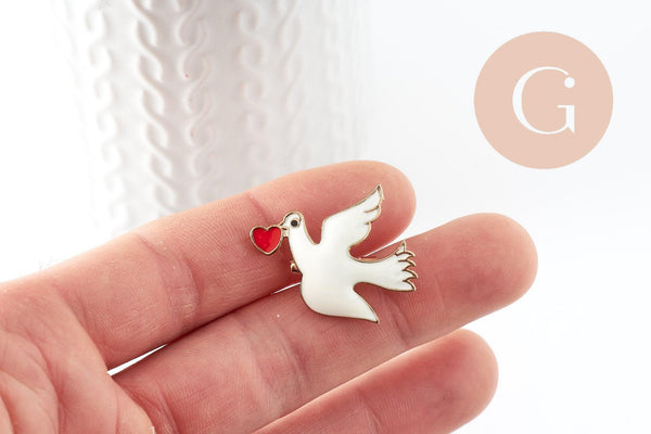 Broche colombe blanche coeur rouge zamac doré 29mm, x1 (G9460)