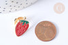 Broche émail fraise rouge et vert zamac doré 21mm, x1 (G7844)