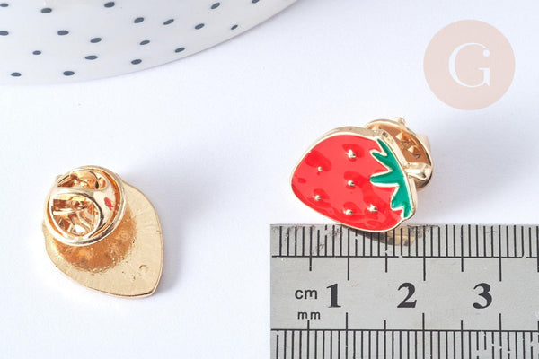 Broche émail fraise rouge et vert zamac doré 21mm, x1 (G7844)